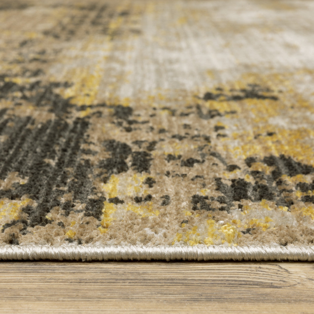 6' X 9' Grey Gold Black Charcoal And Beige Abstract Power Loom Stain Resistant Area Rug With Fringe