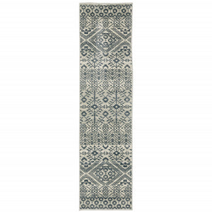 2' X 8' Blue And Beige Geometric Power Loom Stain Resistant Runner Rug