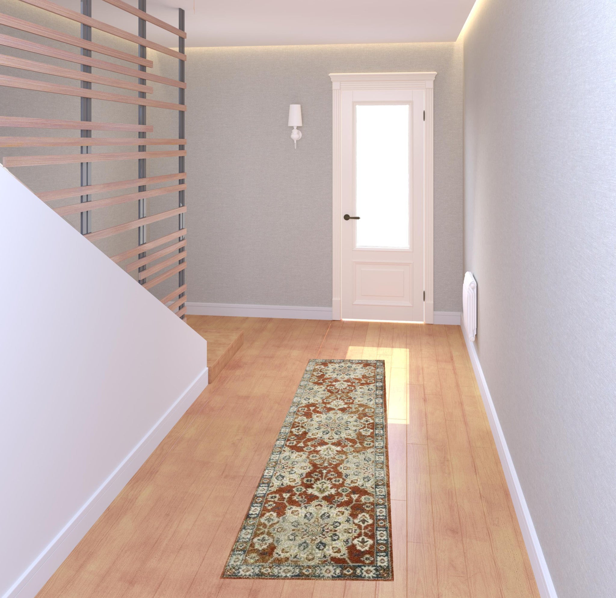 2' X 8' Rust Beige Teal Blue And Gold Oriental Power Loom Stain Resistant Runner Rug