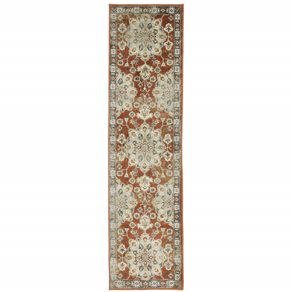 2' X 8' Rust Beige Teal Blue And Gold Oriental Power Loom Stain Resistant Runner Rug