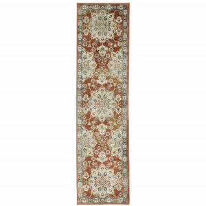 2' X 8' Rust Beige Teal Blue And Gold Oriental Power Loom Stain Resistant Runner Rug