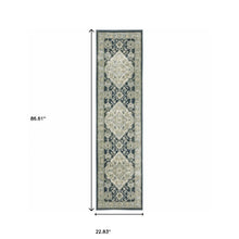 2' X 8' Teal Blue Ivory Green And Grey Oriental Power Loom Stain Resistant Runner Rug