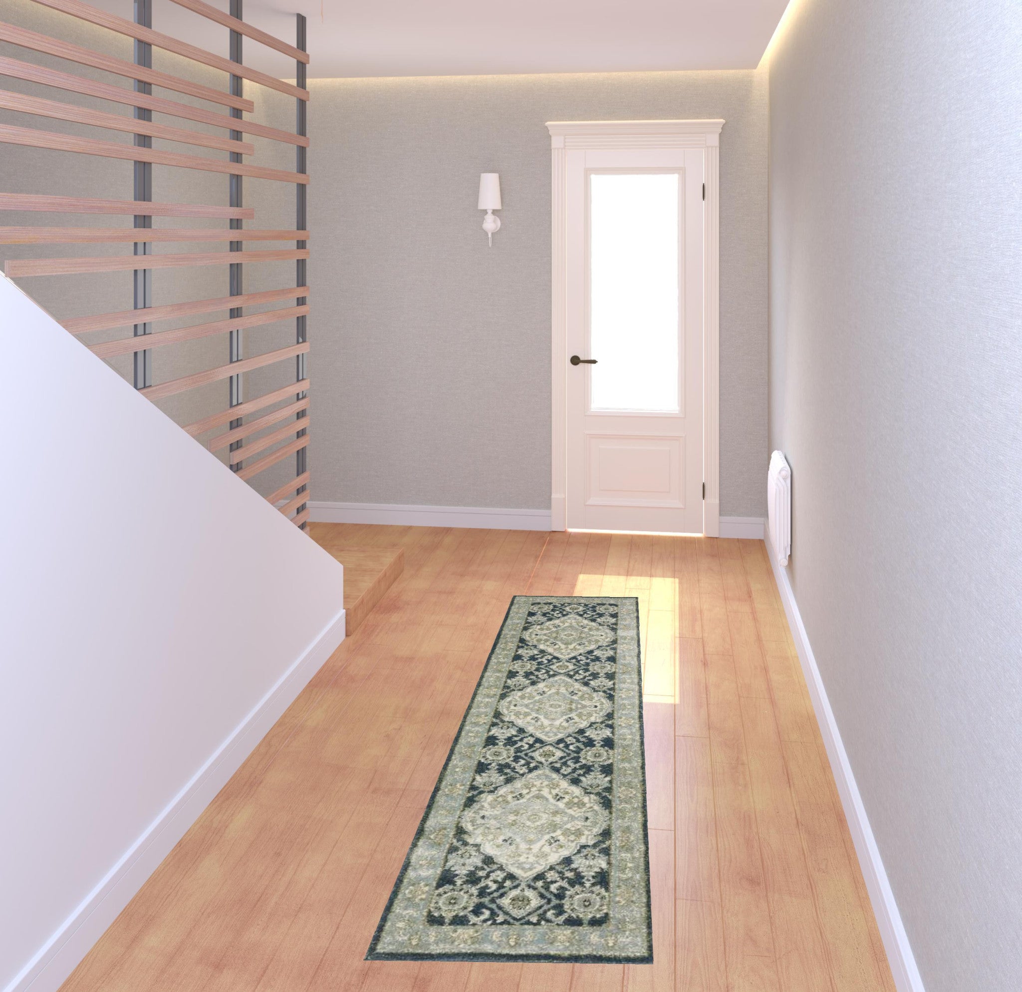 2' X 8' Teal Blue Ivory Green And Grey Oriental Power Loom Stain Resistant Runner Rug