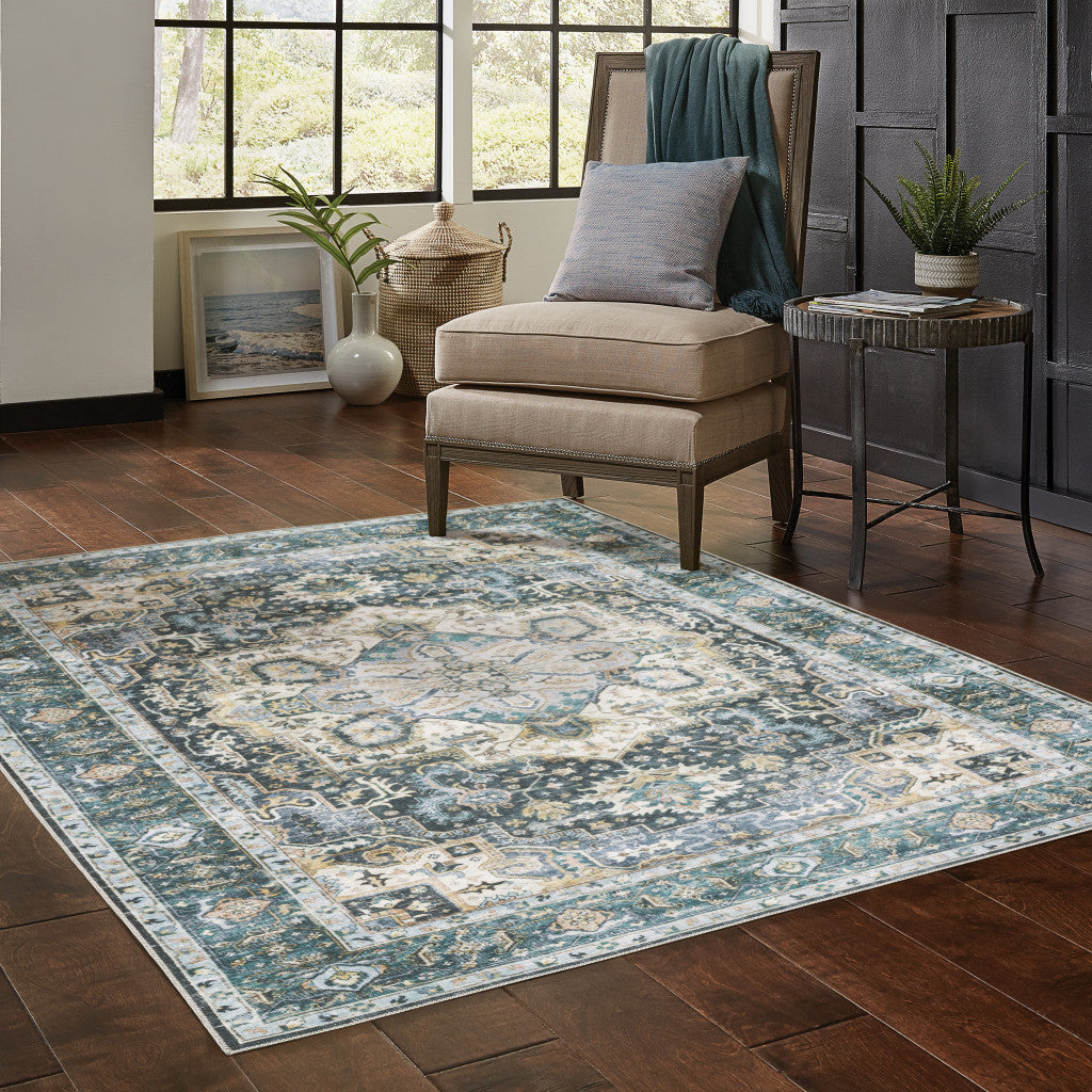 2' X 3' Blue Ivory Teal Brown And Gold Oriental Printed Stain Resistant Non Skid Area Rug