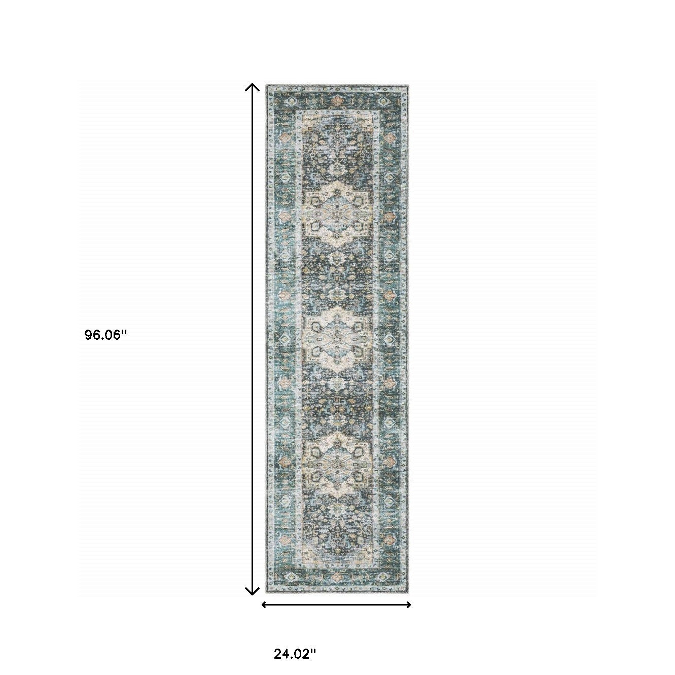 2' X 8' Blue Ivory Teal Brown And Gold Oriental Printed Stain Resistant Non Skid Runner Rug