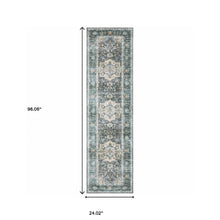2' X 8' Blue Ivory Teal Brown And Gold Oriental Printed Stain Resistant Non Skid Runner Rug