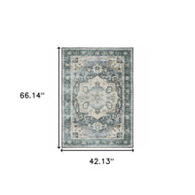 4' X 6' Blue Ivory Teal Brown And Gold Oriental Printed Stain Resistant Non Skid Area Rug