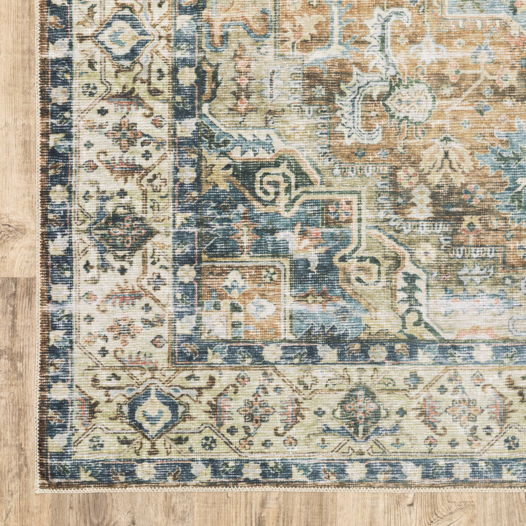 7' X 10' Blue Gold Brown Green And Salmon Oriental Printed Stain Resistant Non Skid Area Rug