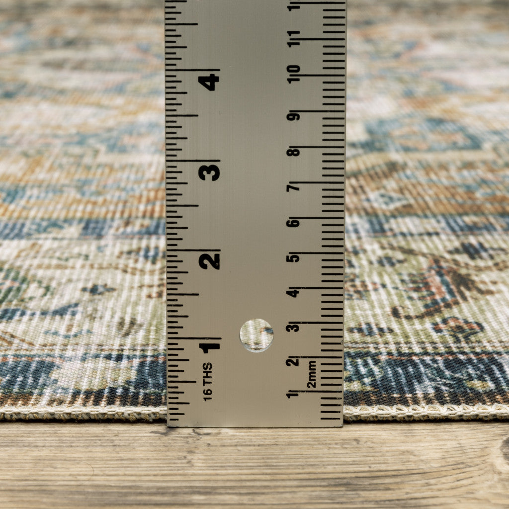 7' X 10' Blue Gold Brown Green And Salmon Oriental Printed Stain Resistant Non Skid Area Rug