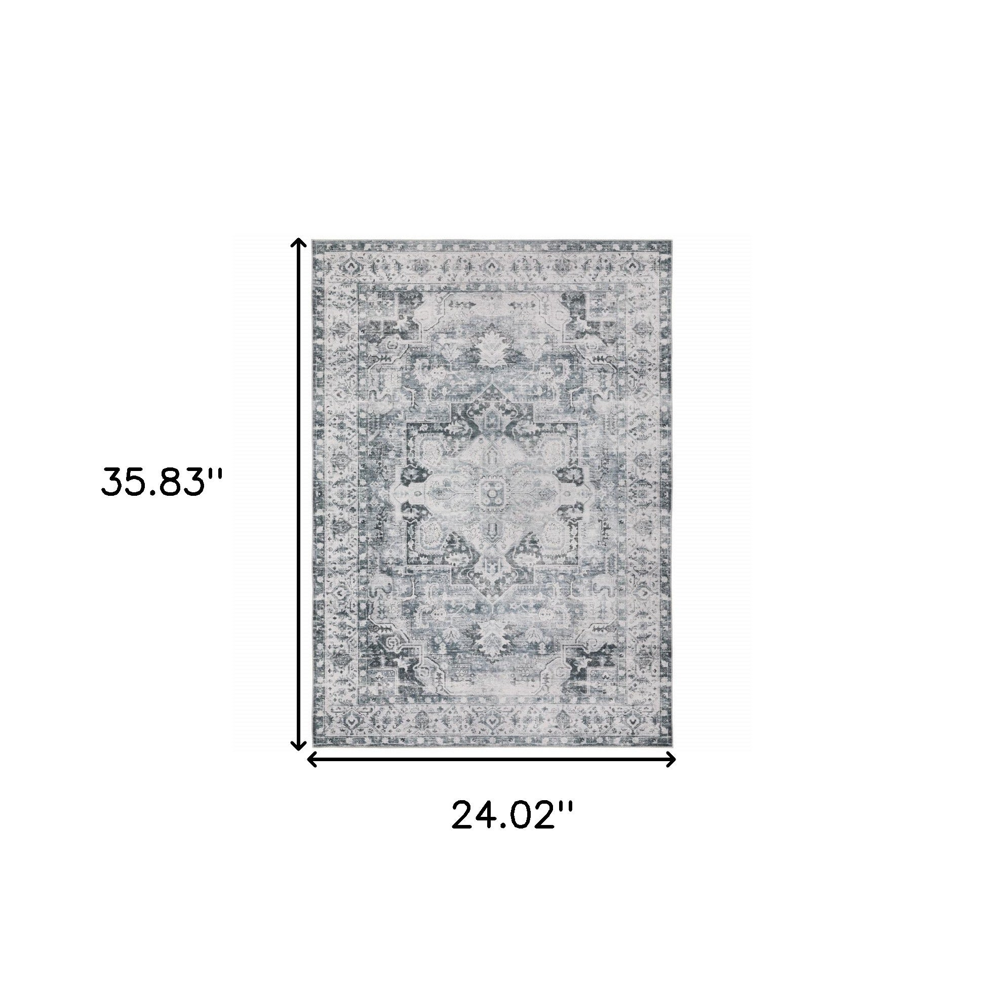 2' X 3' Navy Blue Ivory And Grey Oriental Printed Stain Resistant Non Skid Area Rug