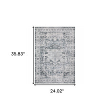 2' X 3' Navy Blue Ivory And Grey Oriental Printed Stain Resistant Non Skid Area Rug