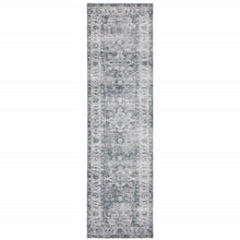 2' X 8' Navy Blue Ivory And Grey Oriental Printed Stain Resistant Non Skid Runner Rug
