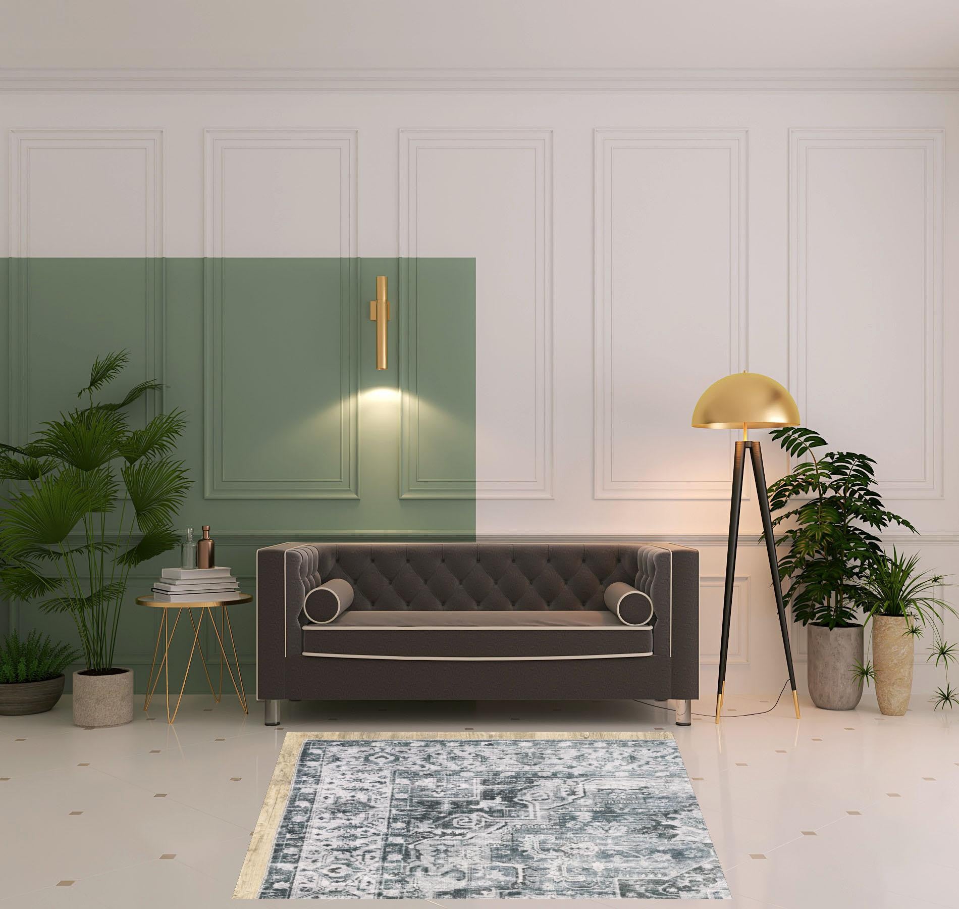 4' X 6' Navy Blue Ivory And Grey Oriental Printed Stain Resistant Non Skid Area Rug