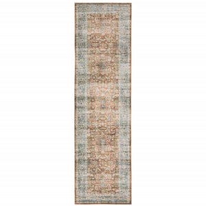 2' X 8' Rust Blue Ivory And Gold Oriental Printed Stain Resistant Non Skid Runner Rug