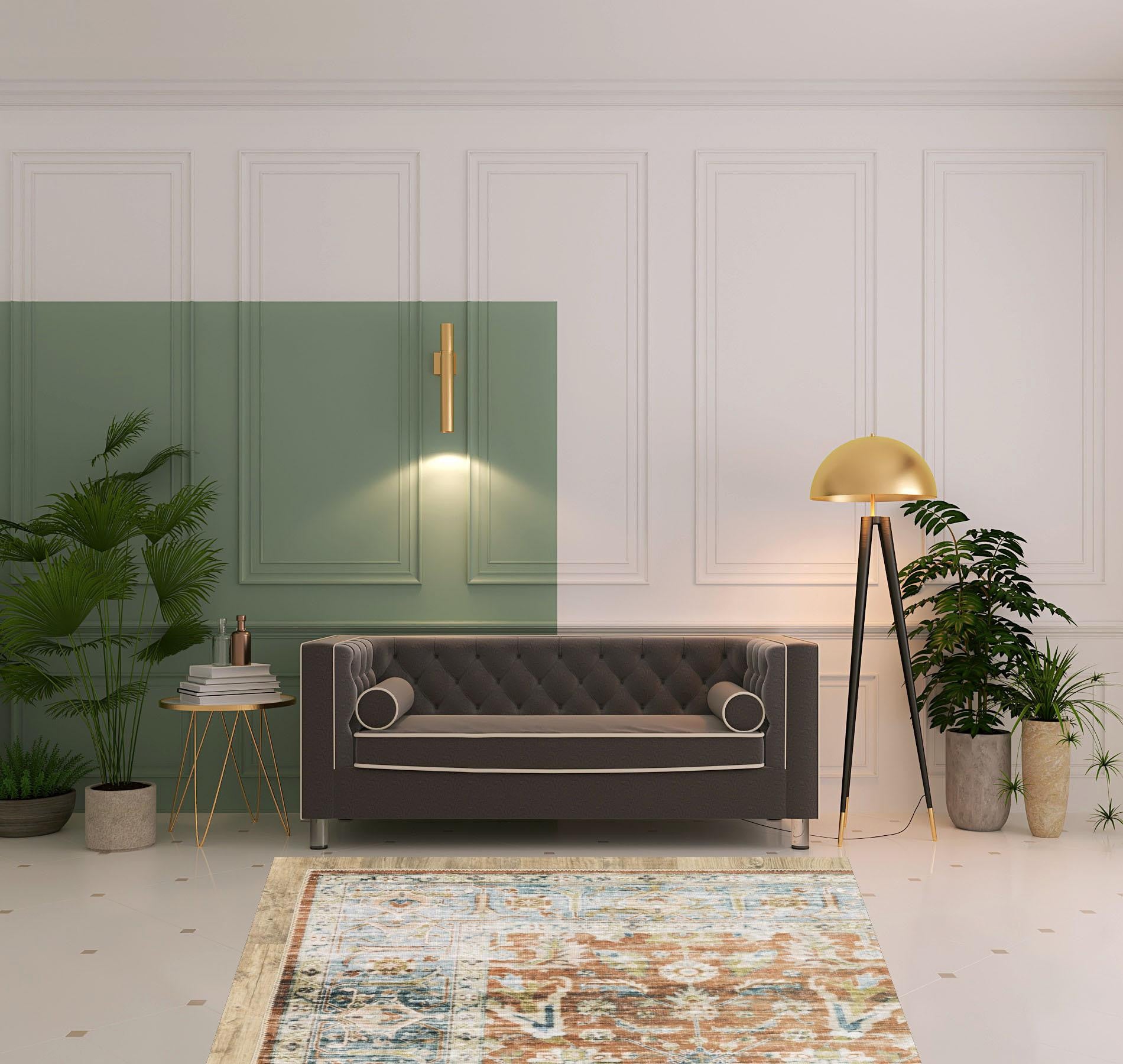 5' X 7' Rust Blue Ivory And Gold Oriental Printed Stain Resistant Non Skid Area Rug