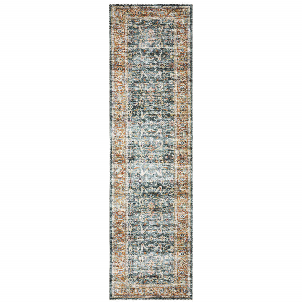 2' X 8' Blue Rust Gold And Olive Oriental Printed Stain Resistant Non Skid Runner Rug