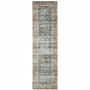 2' X 8' Blue Rust Gold And Olive Oriental Printed Stain Resistant Non Skid Runner Rug