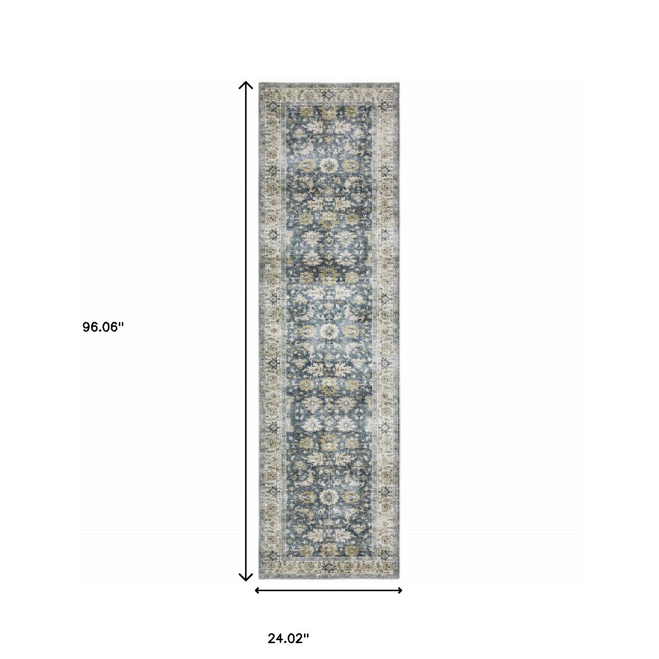 2' X 8' Blue Gold Green And Ivory Oriental Printed Stain Resistant Non Skid Runner Rug