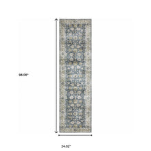 2' X 8' Blue Gold Green And Ivory Oriental Printed Stain Resistant Non Skid Runner Rug