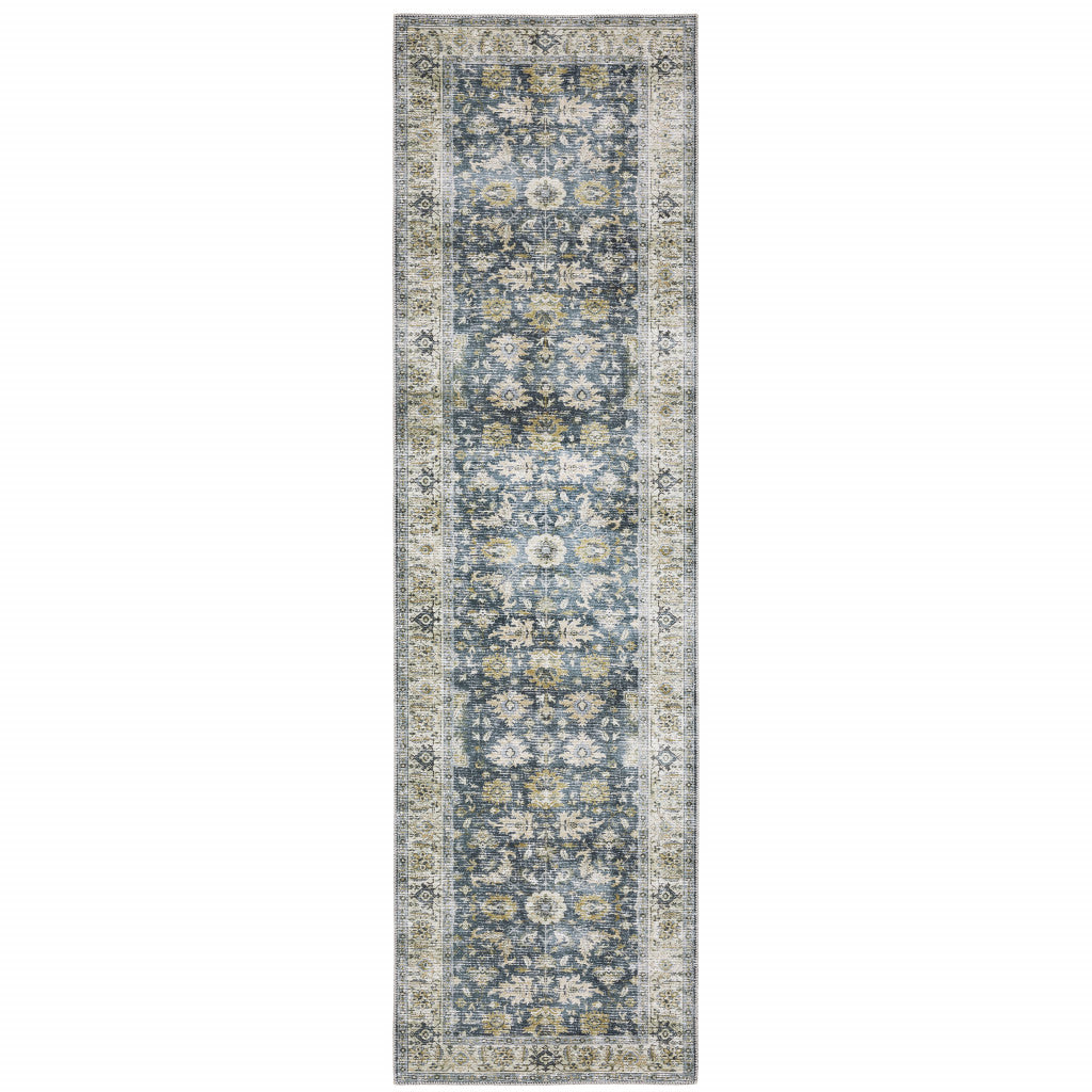 2' X 8' Blue Gold Green And Ivory Oriental Printed Stain Resistant Non Skid Runner Rug