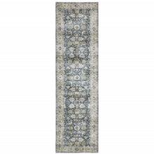 2' X 8' Blue Gold Green And Ivory Oriental Printed Stain Resistant Non Skid Runner Rug