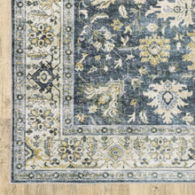 2' X 8' Blue Gold Green And Ivory Oriental Printed Stain Resistant Non Skid Runner Rug