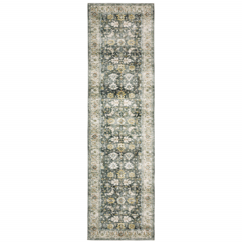 2' X 8' Grey Charcoal Gold Brown Ivory Pale Sage And Light Blue Oriental Printed Stain Resistant Non Skid Runner Rug