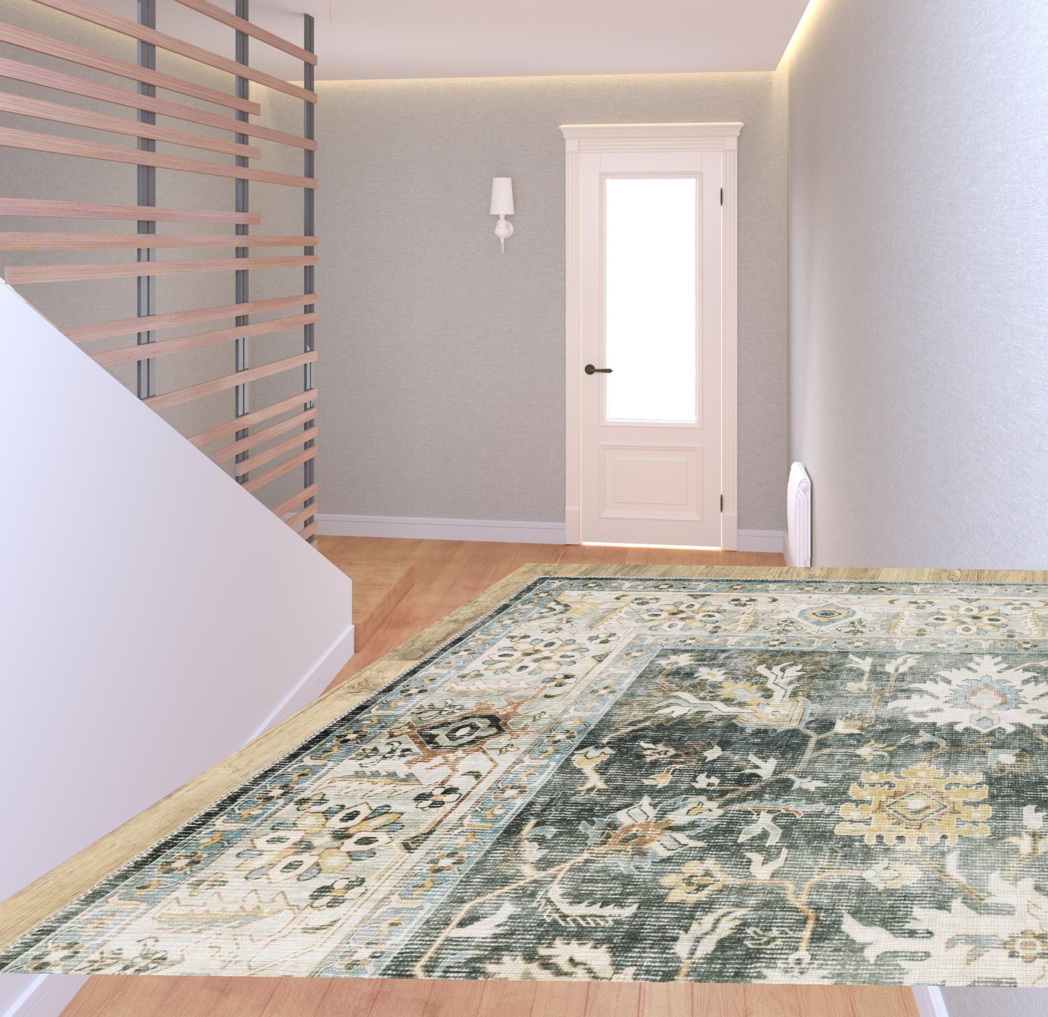 2' X 8' Grey Charcoal Gold Brown Ivory Pale Sage And Light Blue Oriental Printed Stain Resistant Non Skid Runner Rug