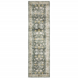 2' X 8' Grey Charcoal Gold Brown Ivory Pale Sage And Light Blue Oriental Printed Stain Resistant Non Skid Runner Rug