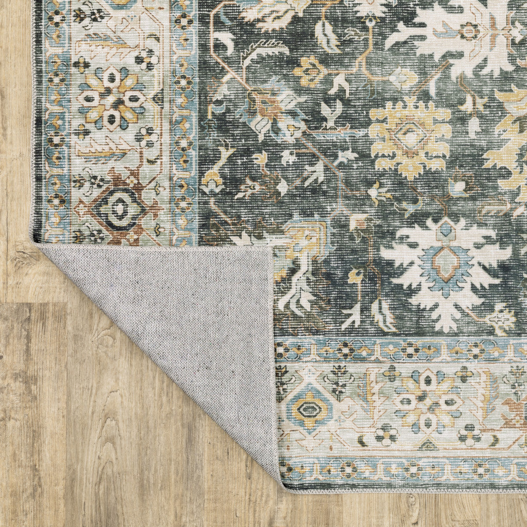2' X 8' Grey Charcoal Gold Brown Ivory Pale Sage And Light Blue Oriental Printed Stain Resistant Non Skid Runner Rug
