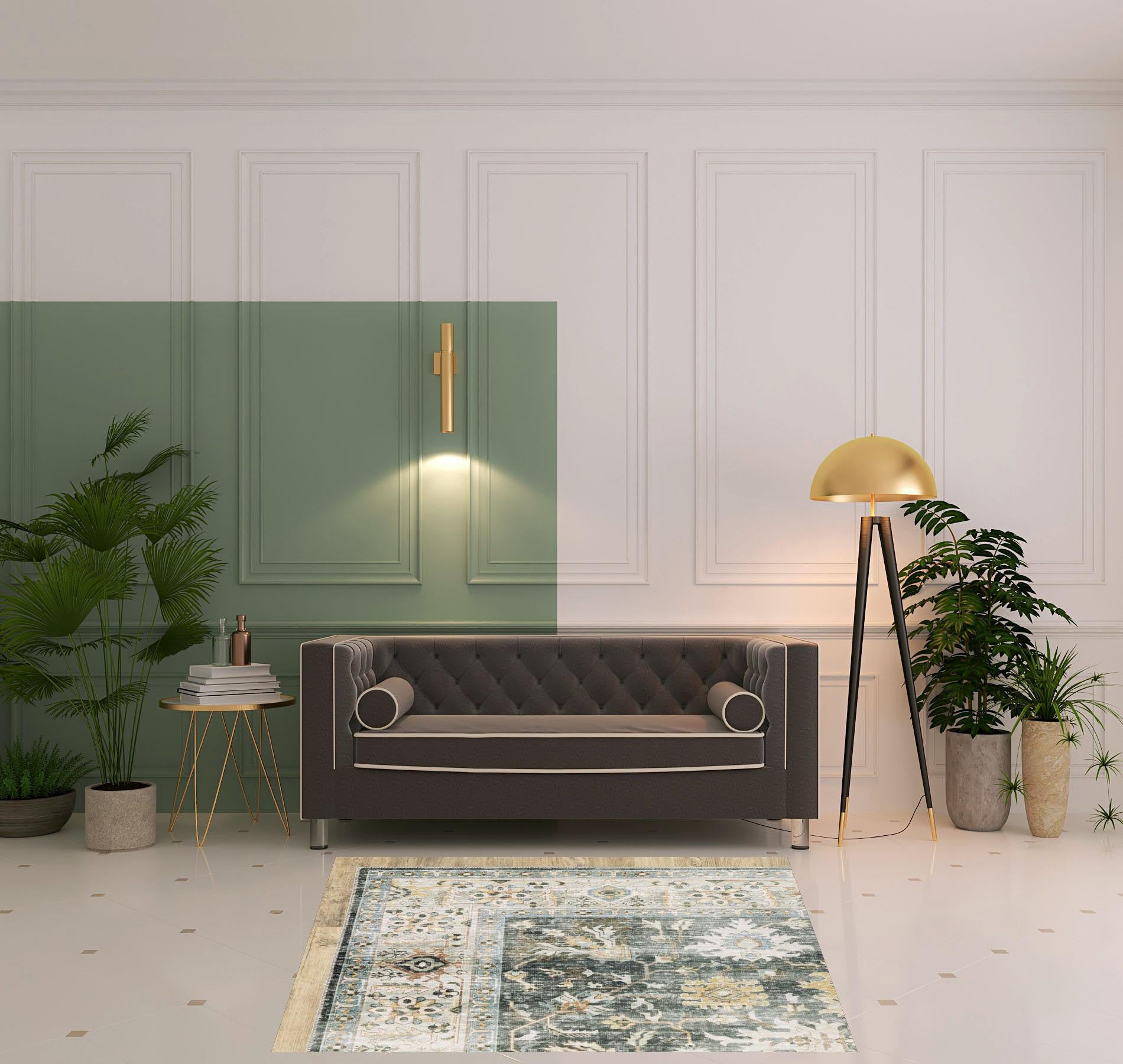 4' X 6' Grey Charcoal Gold Brown Ivory Pale Sage And Light Blue Oriental Printed Stain Resistant Non Skid Area Rug