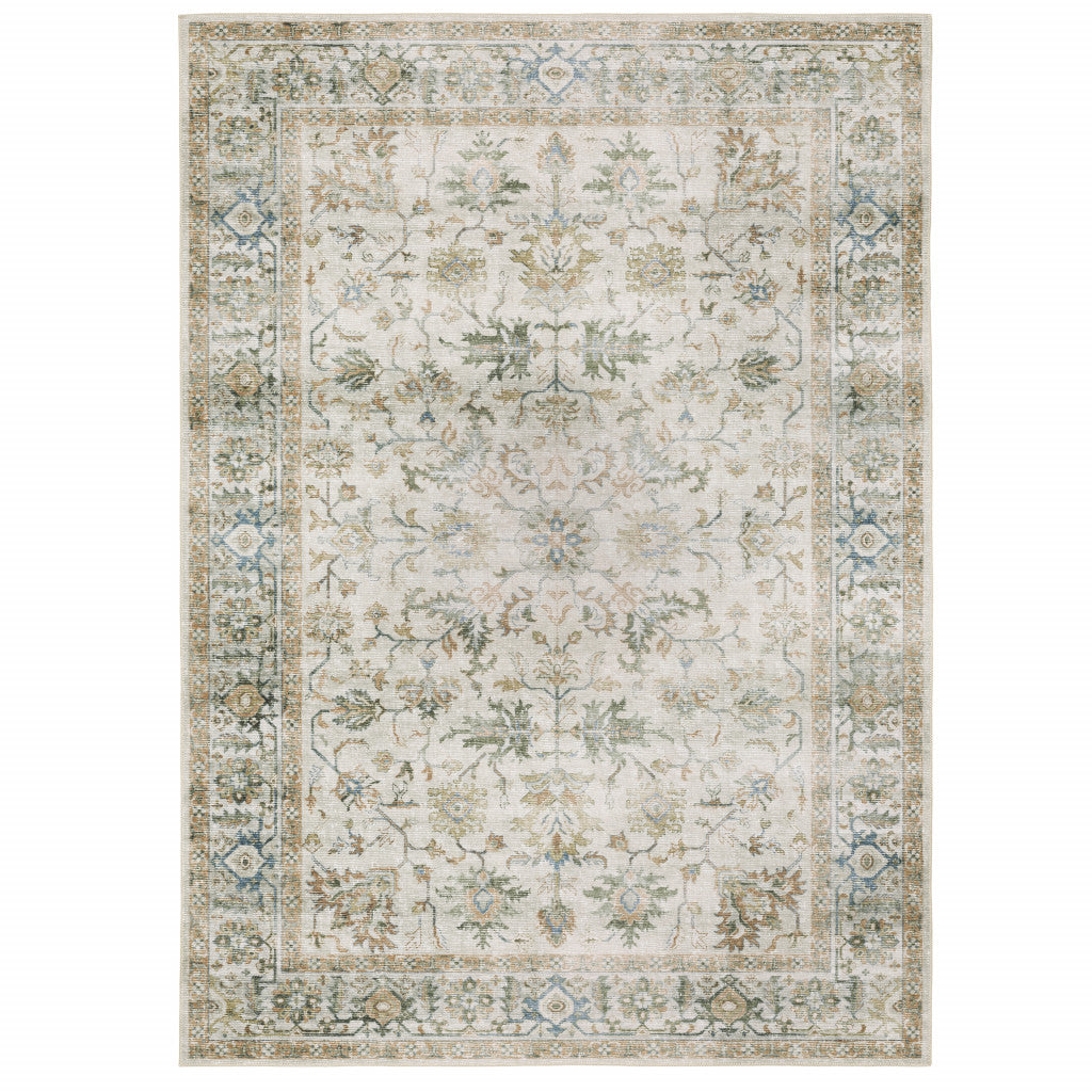 7' X 10' Grey Orange Blue Gold Green And Rust Oriental Printed Stain Resistant Non Skid Area Rug
