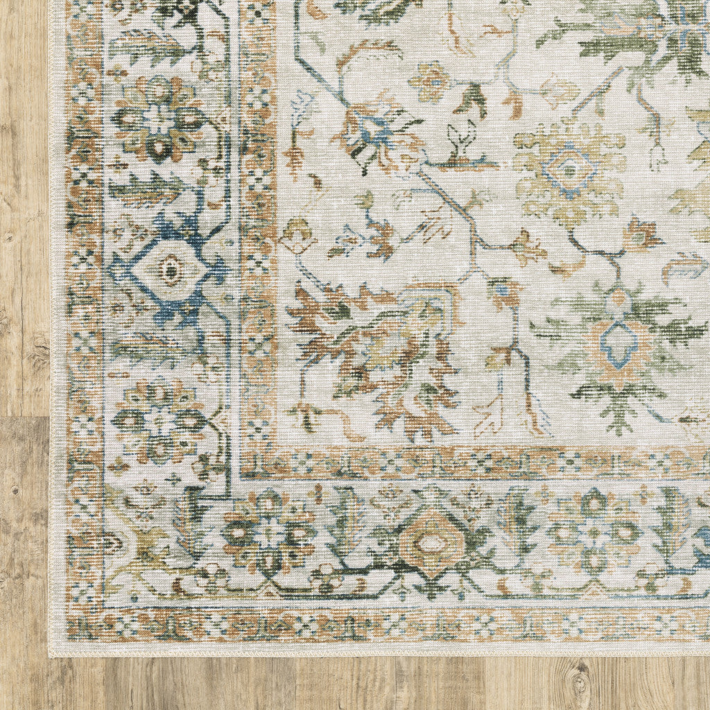7' X 10' Grey Orange Blue Gold Green And Rust Oriental Printed Stain Resistant Non Skid Area Rug