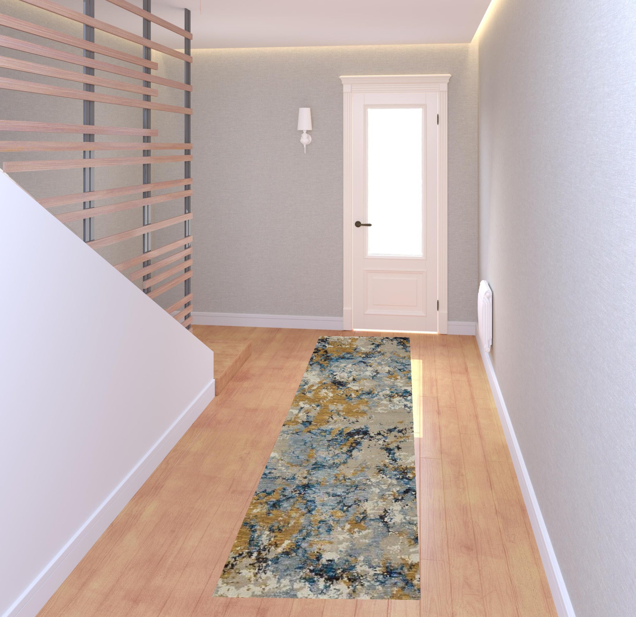 2' X 8' Gold Grey And Ivory Abstract Power Loom Stain Resistant Runner Rug