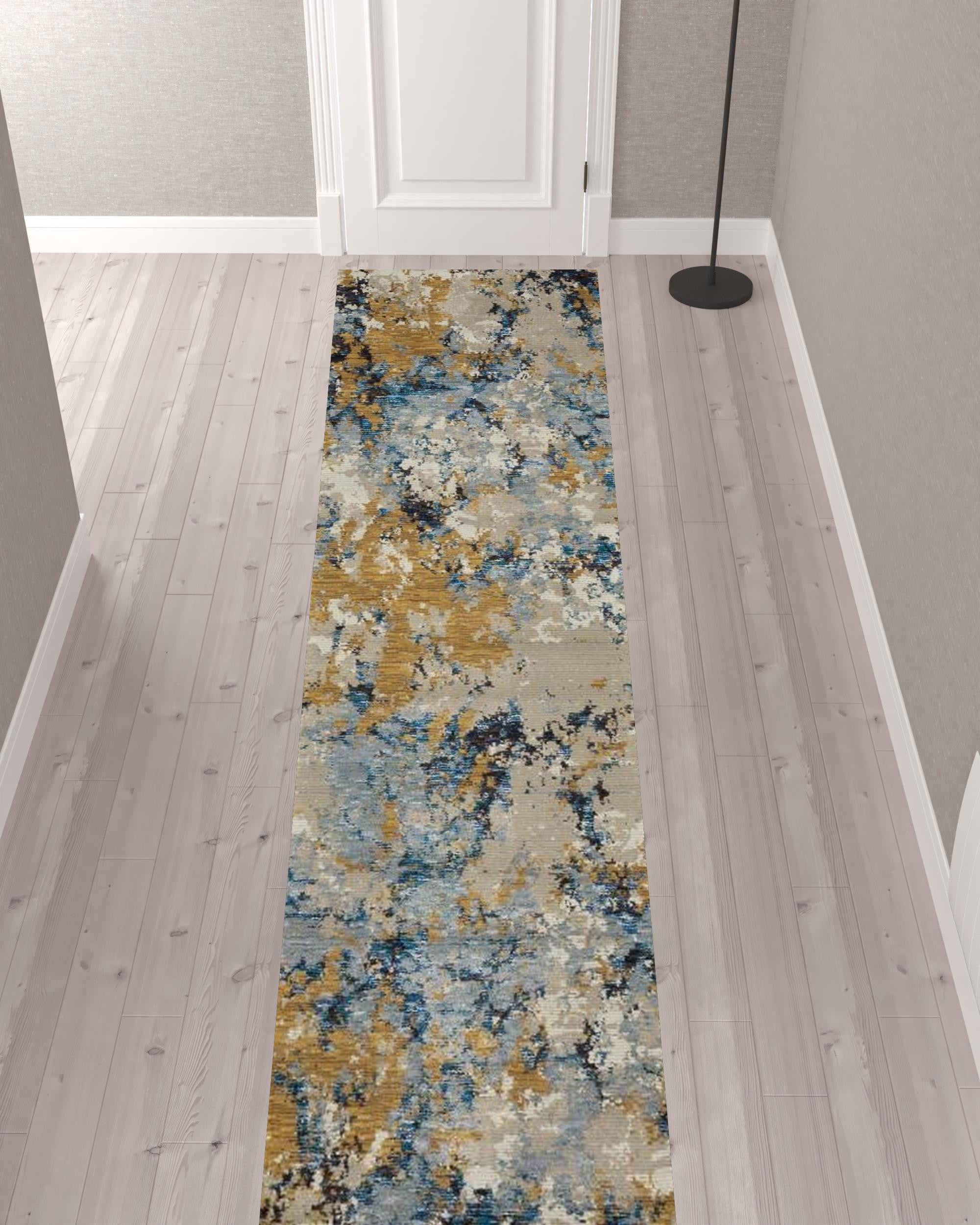 2' X 10' Gold Grey And Ivory Abstract Power Loom Stain Resistant Runner Rug