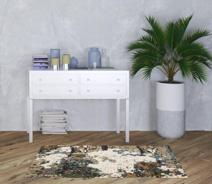 3' X 5' Green Gold And Blue Abstract Power Loom Stain Resistant Area Rug