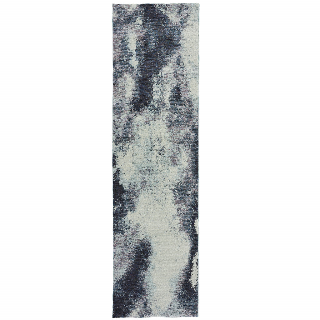 2' X 8' Navy And Ivory Abstract Power Loom Stain Resistant Runner Rug