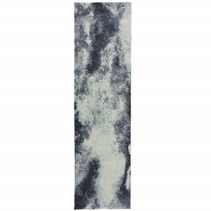 2' X 8' Navy And Ivory Abstract Power Loom Stain Resistant Runner Rug