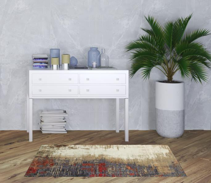 3' X 5' Beige Tan Brown Blue Purple Red Orange Gold And Green Abstract Power Loom Stain Resistant Area Rug