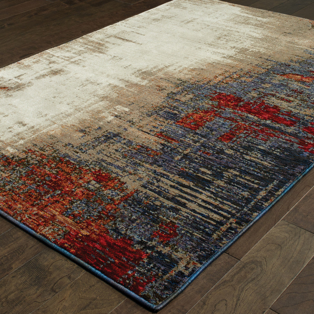 8' X 10' Beige Tan Brown Blue Purple Red Orange Gold And Green Abstract Power Loom Stain Resistant Area Rug