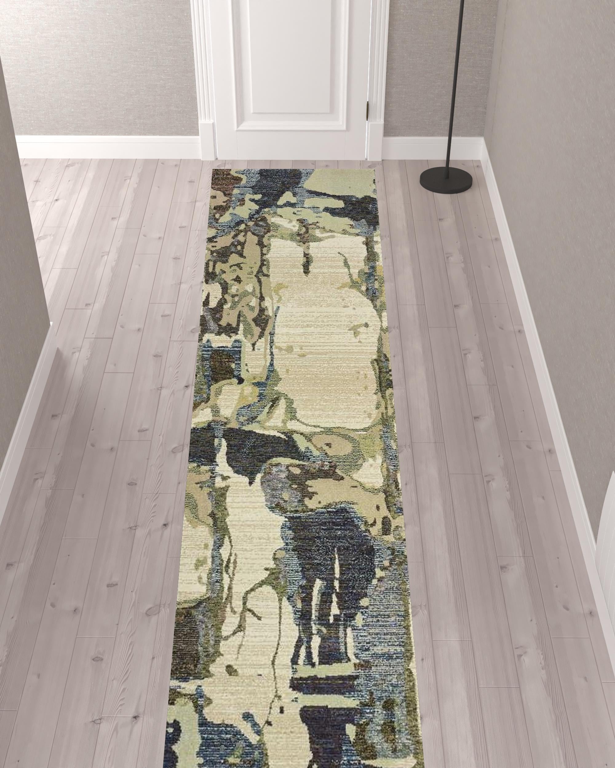 2' X 10' Blue And Grey Abstract Power Loom Stain Resistant Runner Rug