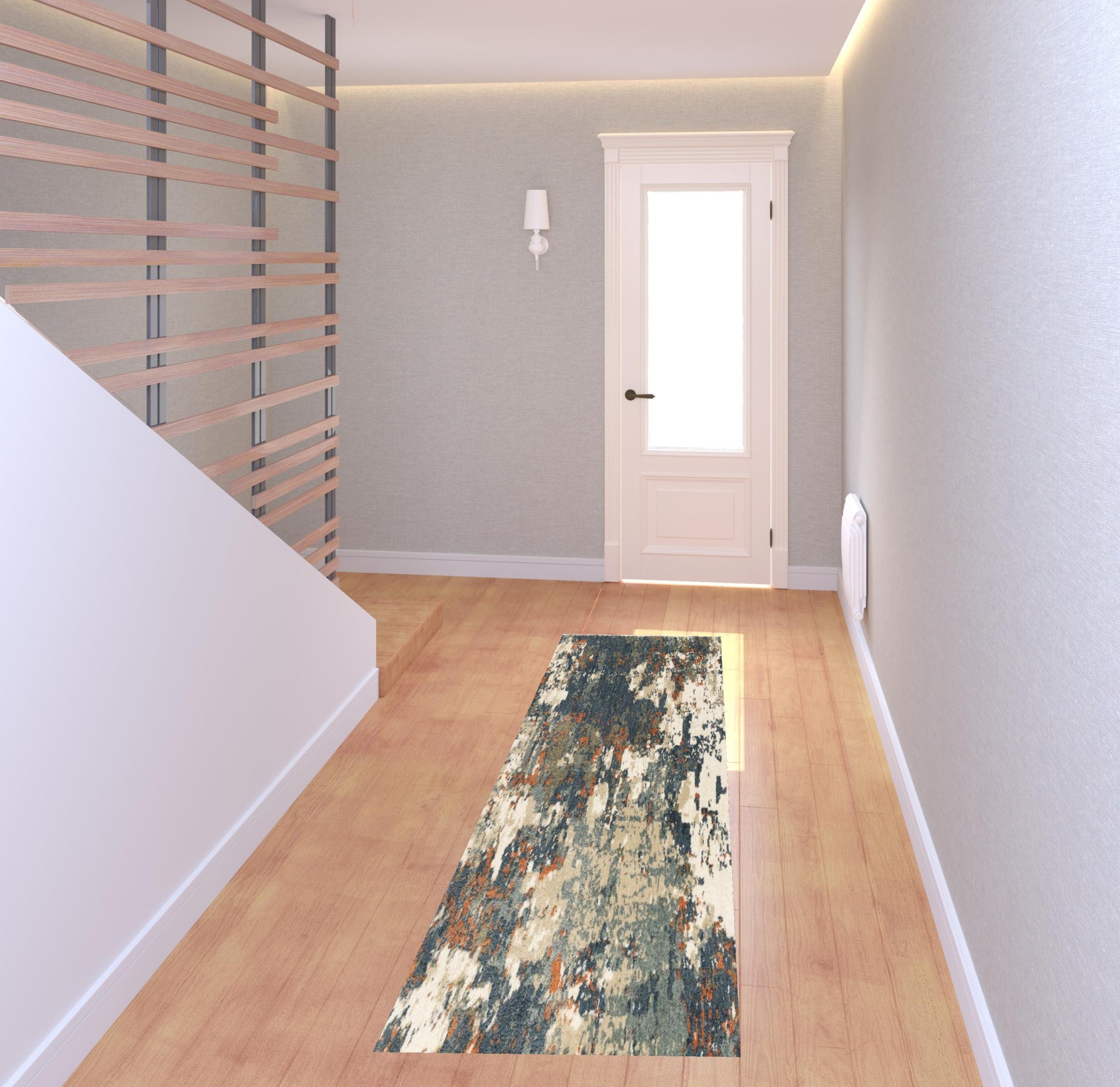 2' X 8' Blue Sage And Orange Abstract Power Loom Stain Resistant Runner Rug