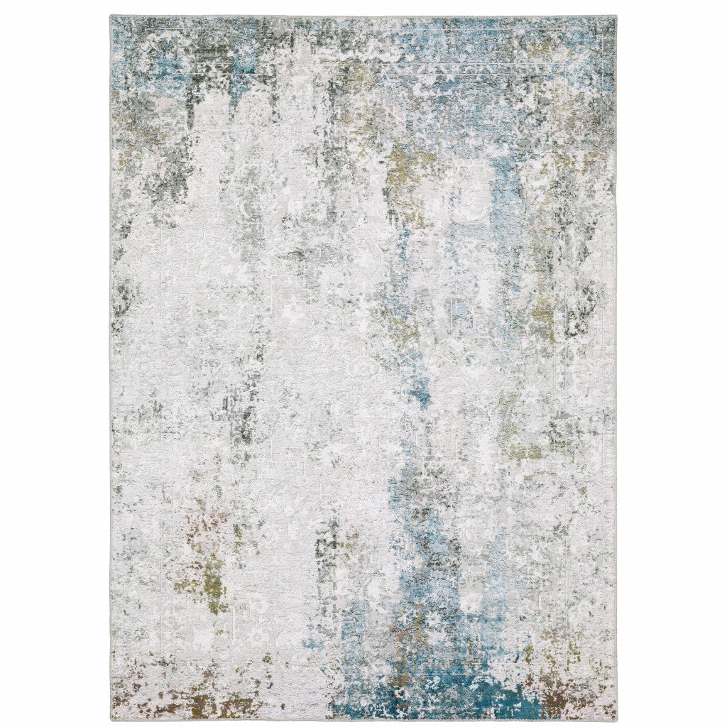 8' X 10' Ivory Teal Blue Grey Brown And Gold Abstract Printed Stain Resistant Non Skid Area Rug