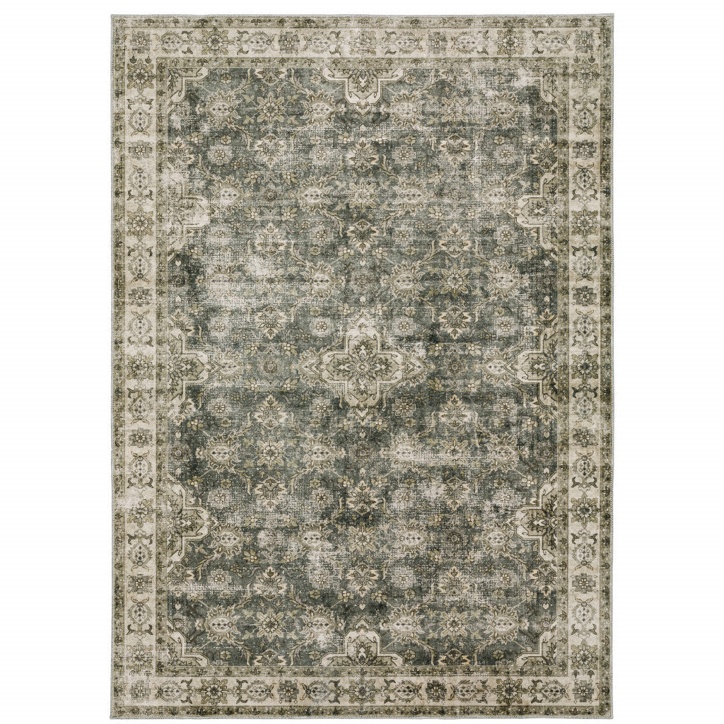 5' X 7' Blue And Beige Oriental Printed Stain Resistant Non Skid Area Rug
