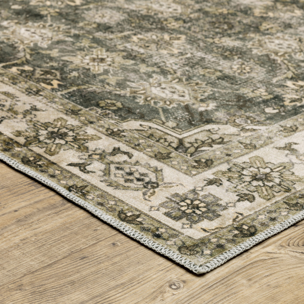5' X 7' Blue And Beige Oriental Printed Stain Resistant Non Skid Area Rug