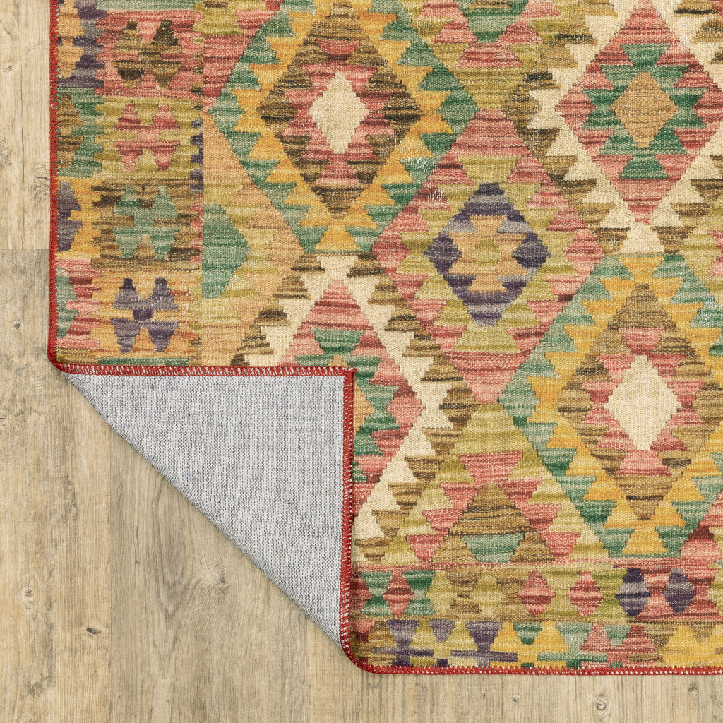4' X 6' Gold Orange Brown Red Green Purple And Beige Southwestern Printed Stain Resistant Non Skid Area Rug