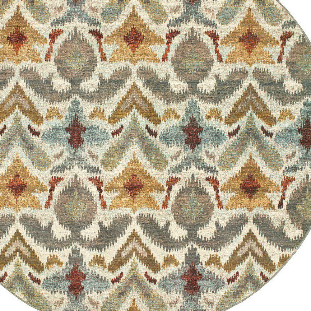 8' Ivory Grey Rust Gold And Blue Round Abstract Power Loom Stain Resistant Area Rug