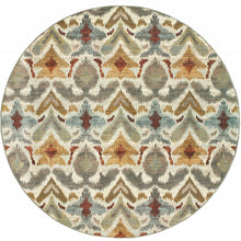8' Ivory Grey Rust Gold And Blue Round Abstract Power Loom Stain Resistant Area Rug