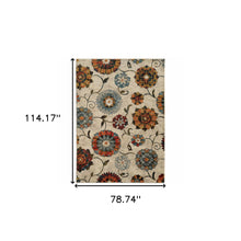 6' X 9' Ivory Blue Gold Green Orange Rust And Teal Floral Power Loom Stain Resistant Area Rug