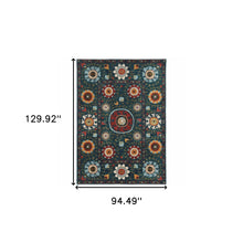 8' X 11' Teal Blue Rust Gold And Ivory Floral Power Loom Stain Resistant Area Rug